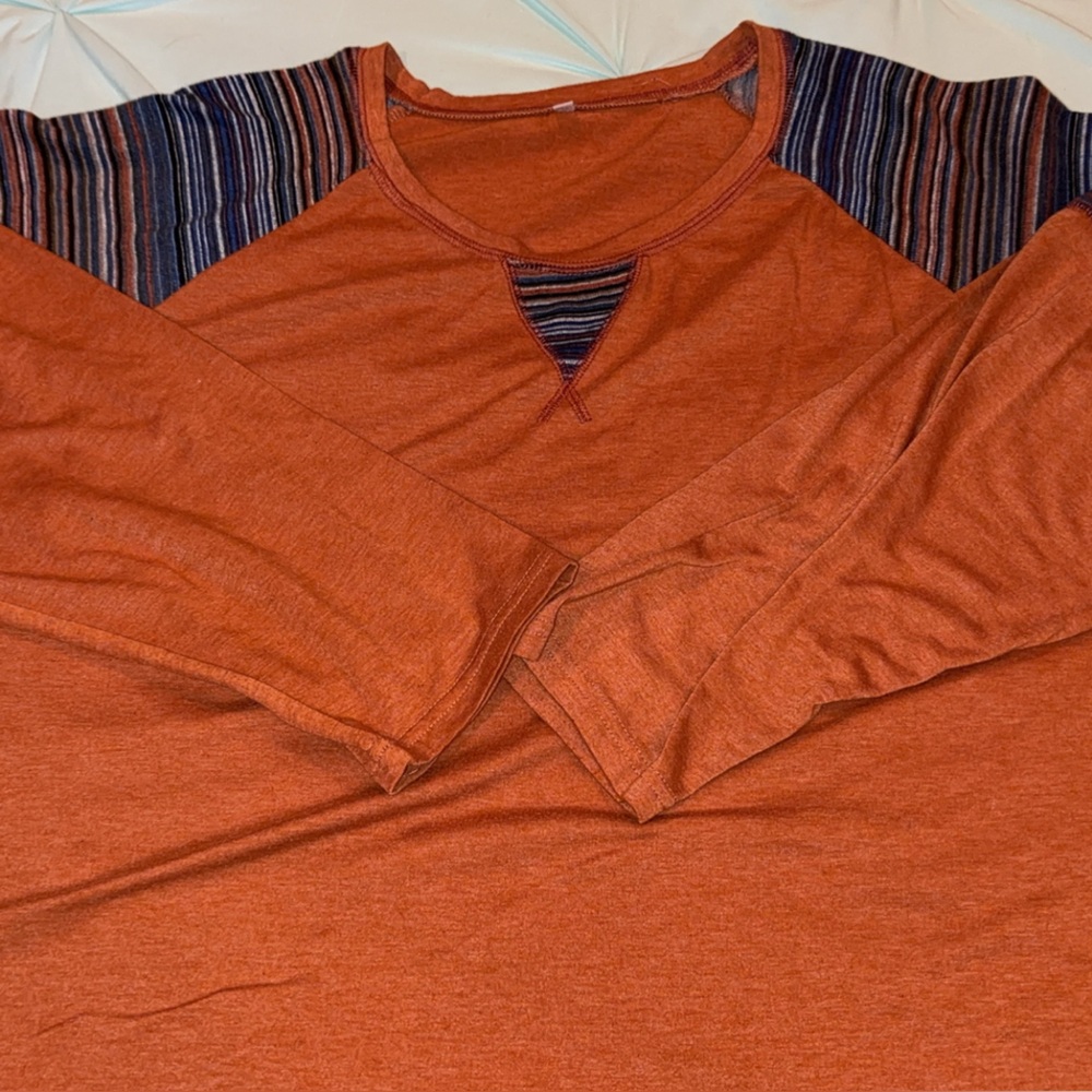 Rust Orange Long Sleeve Top with Striped Accents